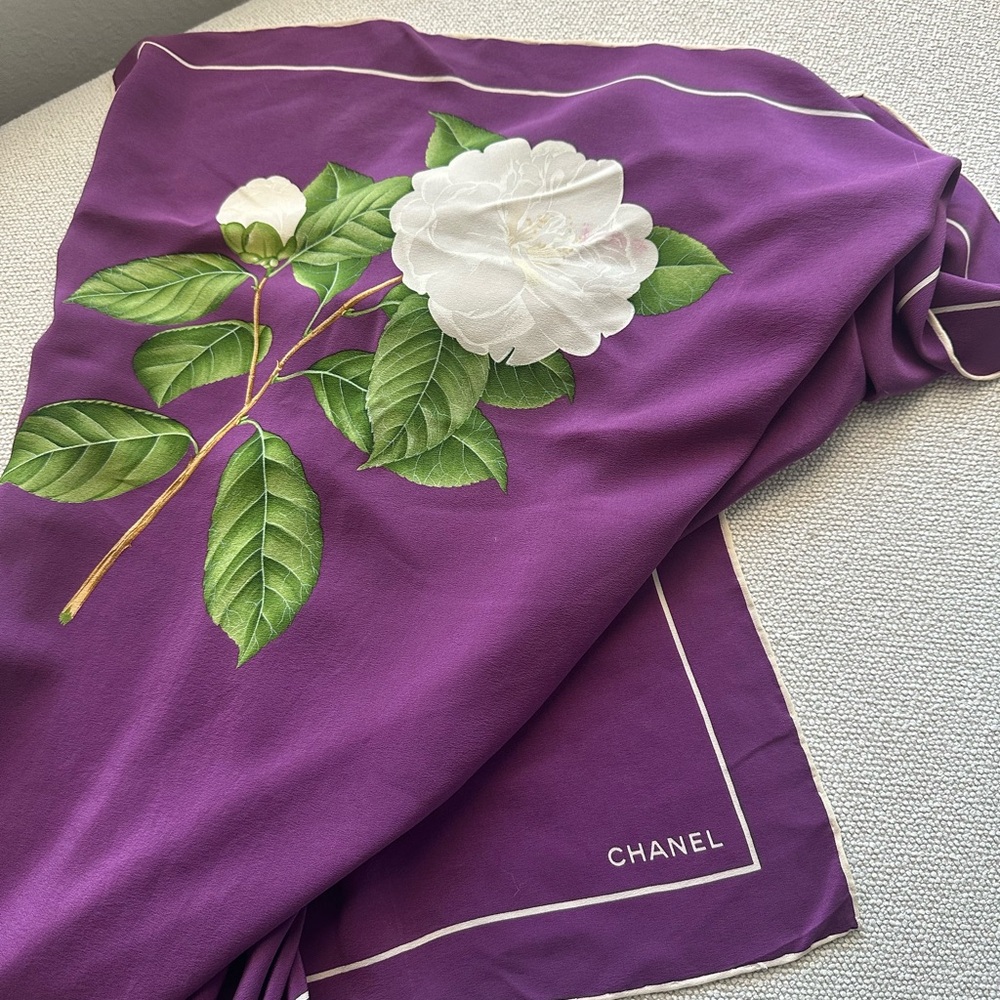 Collectors Dream 💜 Vintage CHANEL Silk Scarf - Camellia Flower on Regal Plum